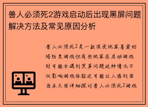 兽人必须死2游戏启动后出现黑屏问题解决方法及常见原因分析